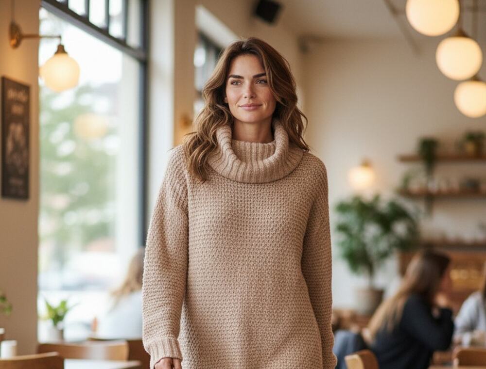 Hilary Radley Sweater Tunic Womens Small Tan Cowl Neck Chunky Knit Classic
